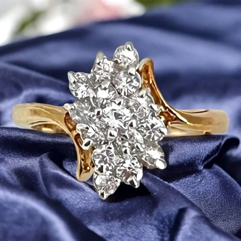Vintage 1970s Ring Size 8 CZ Cluster Prong Set Gold Plated - 14Q